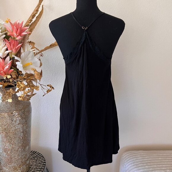 Y2K Black Flowy Fitted Halter Mini Dress with Lace Trim S - Picture 2 of 8